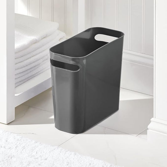 mDesign Plastic Small Trash Can, 1.5 Gallon/5.7-Liter Wastebasket, Narrow Garbage Bin with Handles for Bathroom, Laundry, Home Office - Holds Waste, Recycling, 10" High, Aura Collection, Charcoal Gray