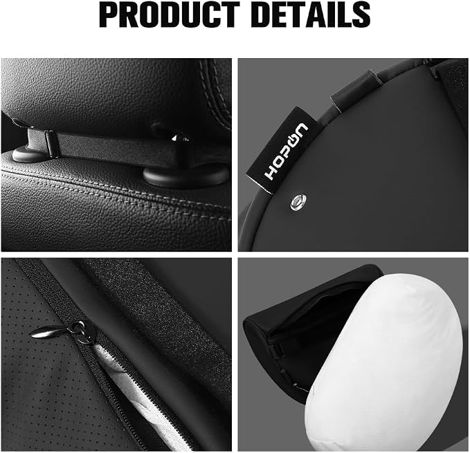 HOPON 2025 Upgrade Headrest Pillow for Tesla Model 3 Model Y with Adjustable Strap,Fits All Vehicles,Car Neck Pillow with Leather,for Head,Neck,Shoulders,Multipurpose,Car Accessories 1 Pack (Black)