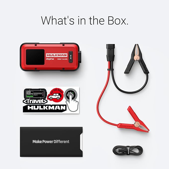 Hulkman Alpha Ultra Red, 1250A 44.4Wh Jump Starter, Power Without the Bulk, Car Battery Jump Starter & Jump Box with 2.9" Smart Display, 50-Min Full Charge, Jumper Cables for 7.0L Gas/4.0L Diesel