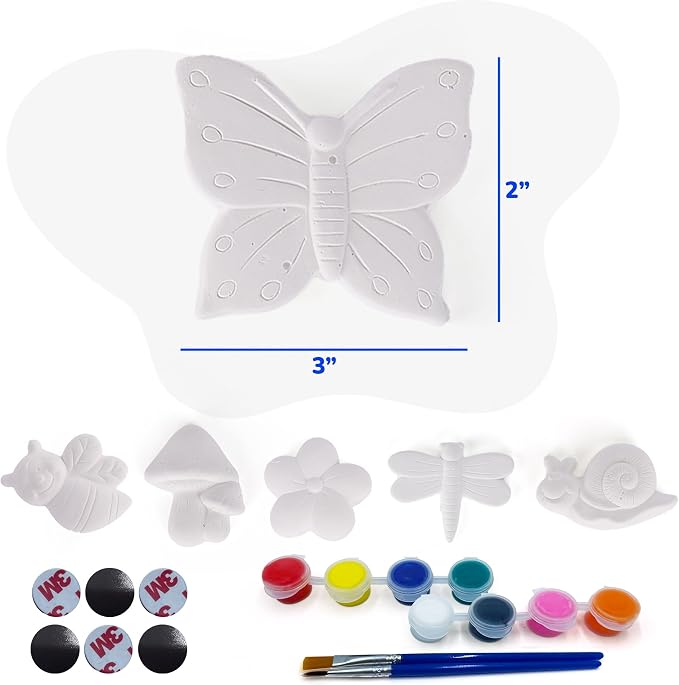 ArtCreativity Seasonal Ceramic Painting Kit for Kids – 6 Garden Plaster Figurines, 2 Paint Sets, 2 Brushes and 6 Magnets - 8 Unique Paint Colors - Toddlers' Spring Painting Craft - Summer Crafts 4-8
