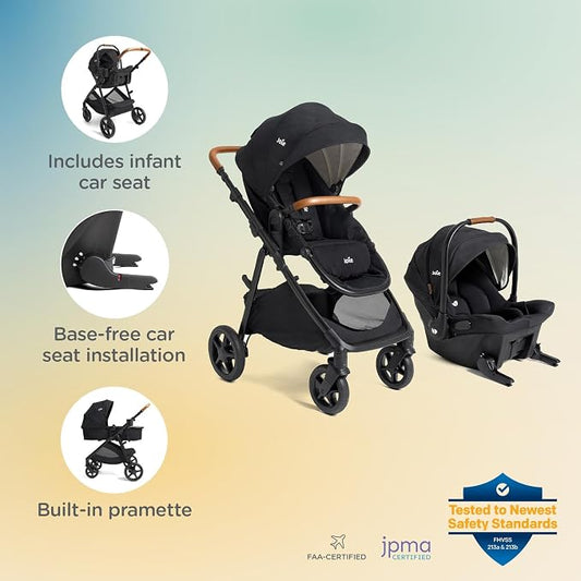 Joie Ginger and Mint Latch Travel System – 4-in-1 Travel System with Baseless Infant Car Seat & Stroller, One-Click Install, from Birth Stroller (Shale Dark)