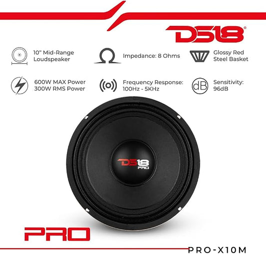DS18 PRO-X10M Loudspeaker - 10", Midrange, Red Steel Basket, 600W Max, 300W RMS, 8 Ohms - Premium Quality Audio Door Speakers for Car or Truck Stereo Sound System (1 Speaker), Classic