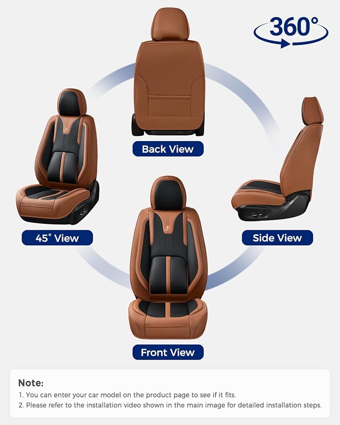 Huidasource Front Seat Covers Luxury Nappa Leather, Driver Seat Cover with Airbag, Front Storage Pocket, Lumbar Support, Cooling&Heating, Seat Cover Universal Fit for Most Cars SUV Trucks, Brown&Black