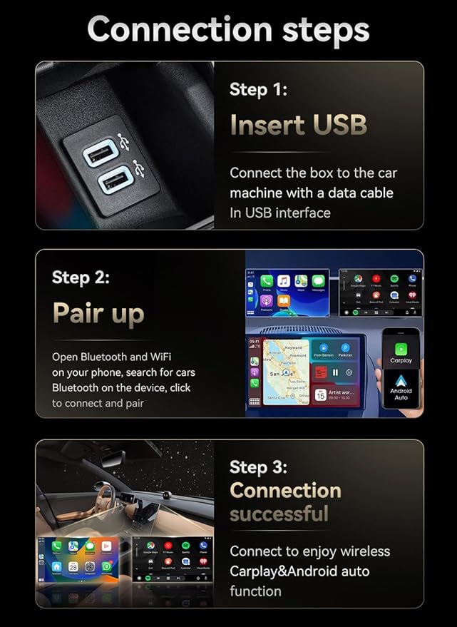 Wireless CarPlay Adapter for iPhone & Android Auto Adapter, Convert Wired to Wireless, Plug & Play, Auto Connect, USB Port Easy Use for Cars from 2016+