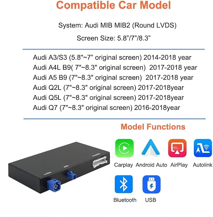 Wireless Carplay Android Auto Adapter for Audi A3 A4 A5 S3 B9 Q7 2014-2018 | MIB/MIB2 Retrofit Kit with Navigation, Music, Siri, OEM Knob Control, Camera Input