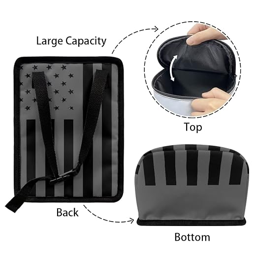 Vintage American Flag Black Grey Print Car Trash Can for Women Men Auto Interior Decor Portable Trash Bin with Lid and Zipper Collapsible Garbage Bag Hanging Multipurpose Car Seat Organizer