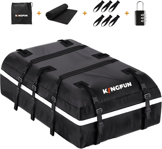 Kingfun Car Rooftop Cargo Carrier – Waterproof 20 Cubic Feet Car Roof Bag Fit All Vehicles with/Without Roof Racks, Includes Anti-Slip Mat, 8 Reinforced Straps & 6 Door Hooks, Luggage Locks(Black)