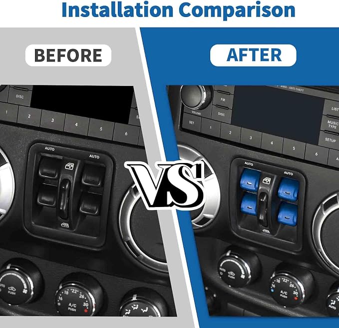 Jimen for JK Window Button Covers, 4PCS Center Console Window Switch Cover Interior Trim Kits Compatible with Jeep Wrangler JK & Unlimited 2012-2018, Aluminum Alloy (Blue)