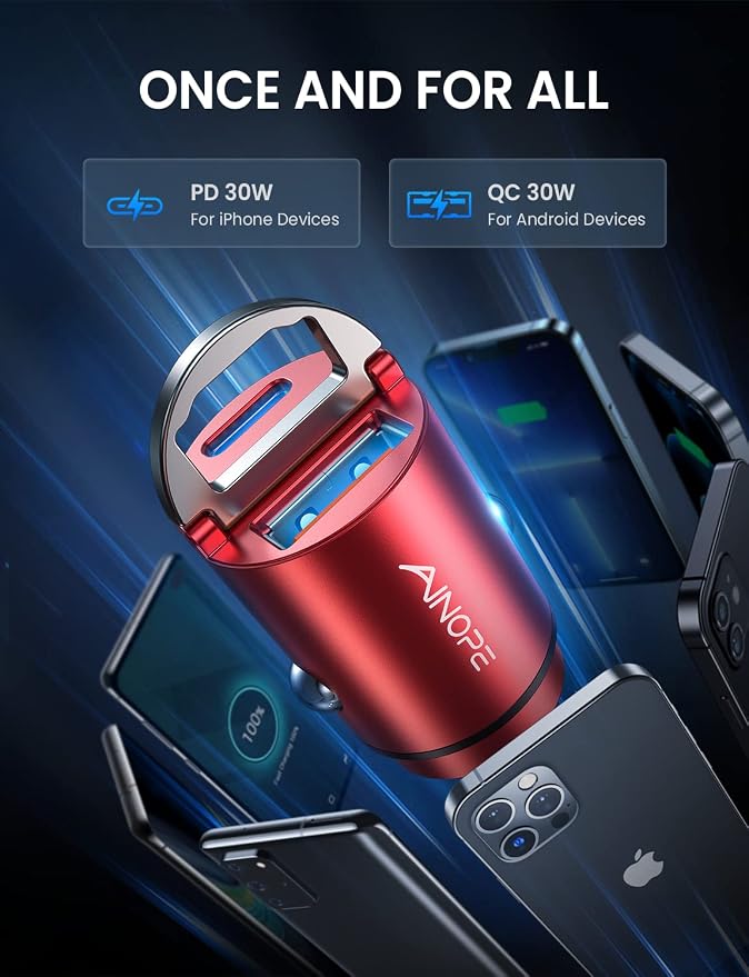 AINOPE USB C Car Charger Adapter, PD36W & QC36W Fast Charging, Mini & All Metal, Compatible with iPhone 17/16/15/14 Pro Max/13 & Samsung Smartphones, Red Kits
