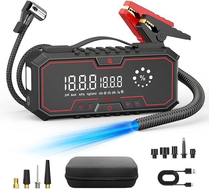 Jump Starter with air Compressor, 5000A Emergency Starter Jump Box (Gas 9L/Diesel 8L), Jumper Cable Jump Starter Portable with air Compressor 160PSI, car Roadside Emergency kit, SOS Light