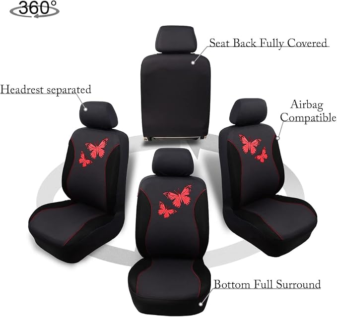 Flying Banner Butterfly car seat Covers ful Set Fashion Universal Lady Woman Female Rear Bench Split Colorized (Full Set, Red Black)