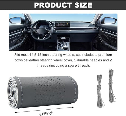 Wevdn Genuine Leather Steering Wheel Cover, Stitch on Wrap, DIY Sewing Steering Wheel Protector, 15 Inch Breathable Non-Slip Steering Wheel Protector, Car Accessories (Gray, Middle Hole)