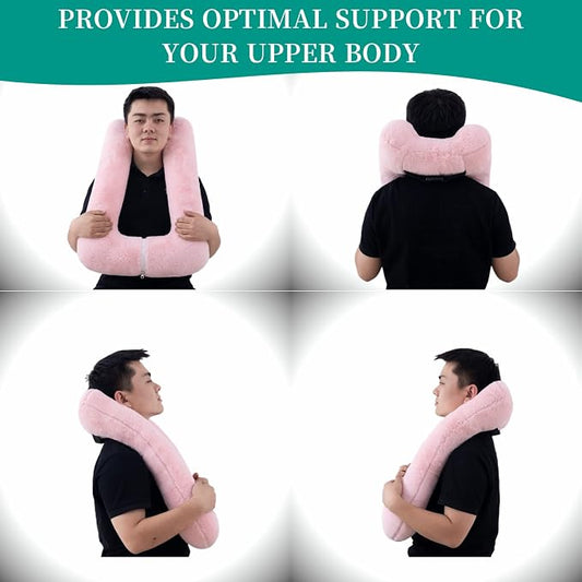 FHSGGP Travel Pillow Upgraded Version of Aircraft Travel Neck Pillow with Storage Bag, Sleep Pillows for Travel by Train, Car, or Plane, Supporting the Head and Body, Travel Pillow for Kids Pink