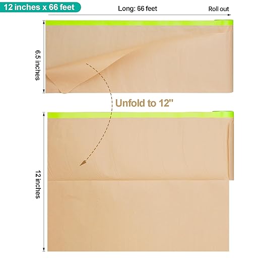 Tangibay Pre-Taped Masking Paper with Dispenser - 12" x 66' Painters Paper and Tape for Painting House, Auto Body, Cars (1 Dispenser 6 Refills)