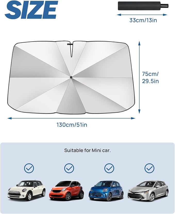 JOYTUTUS Windshield Sun Shade Umbrella, Upgraded 360° Rotation Bendable Shaft Handle, Foldable for Mini Car/Hatchback, Automotive Interior Sun Protection, UV Rays Block, 51''x 29''