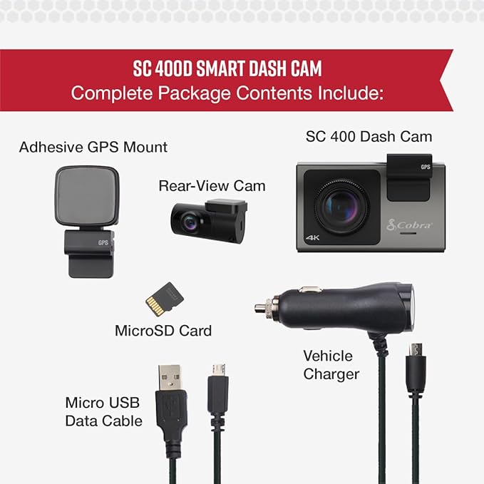 Cobra Smart Dash Cam + Rear Cam (SC 400D) – UHD 4K Resolution, 3-Camera Capable, Live Police Alerts, Emergency Mayday, Drive Smarter App, 3" Touchscreen, Wi-Fi & GPS, 32GB SD Card Incl