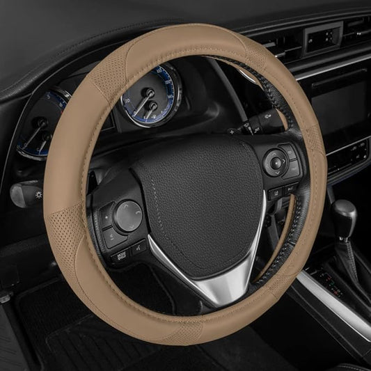 Motor Trend Perforated Microfiber Leather Steering Wheel Cover for Cars Trucks SUVs Vans, Sporty Racing Improved Grip Anti-Fatigue Ergonomic Design, Airbag Compatible - Fits Standard 15" Inch - Beige