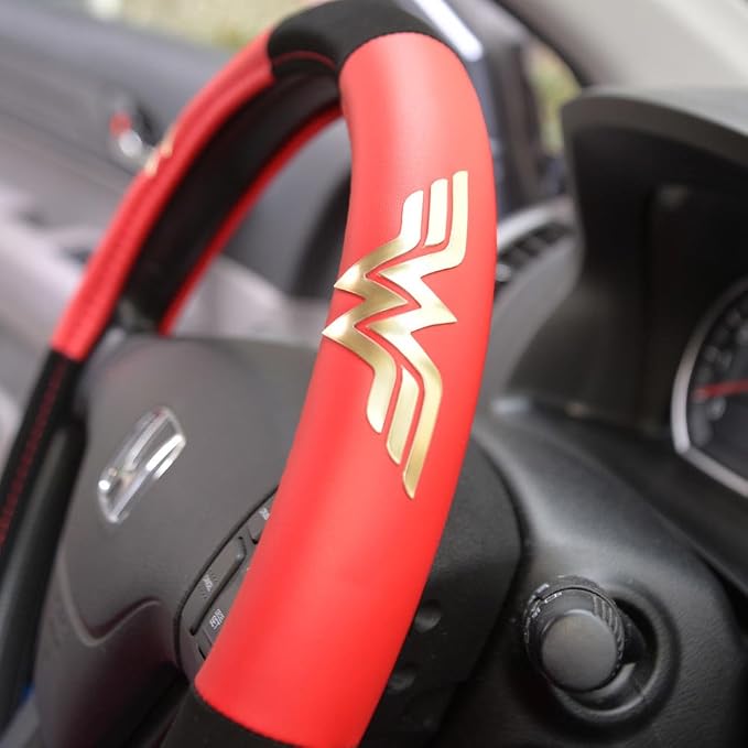 BDK Wonder Woman Steering Wheel Cover - Synthetic Leather - Stars & Gold Logo - Fits All Standard Size Wheel 15 Inch, Model Number: WBSW-1904