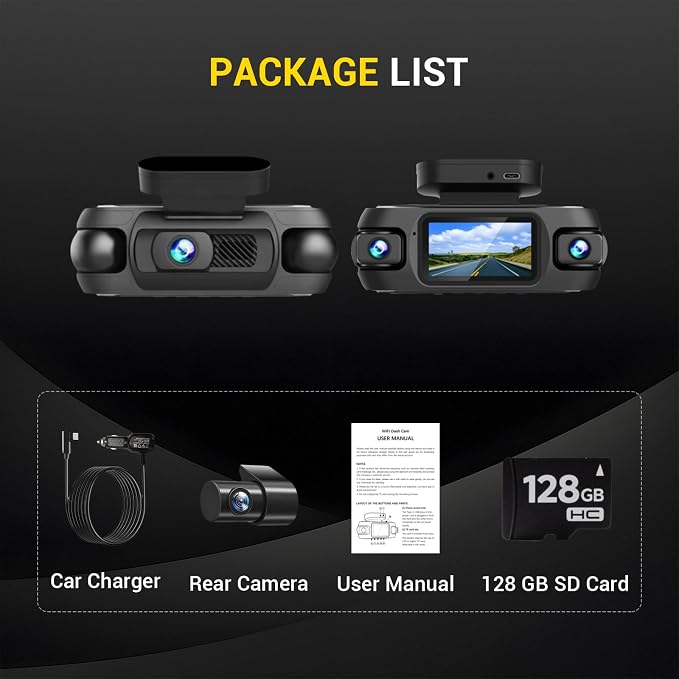 4K 4 Channel Dash Cam Front and Rear with Cabin, 4K+1080P+1080P Dash Camera for Cars, Free 128GB Card Included, Dash Cam with Night Vision, WiFi, GPS, APP Control, Parking Monitor, Loop Recording