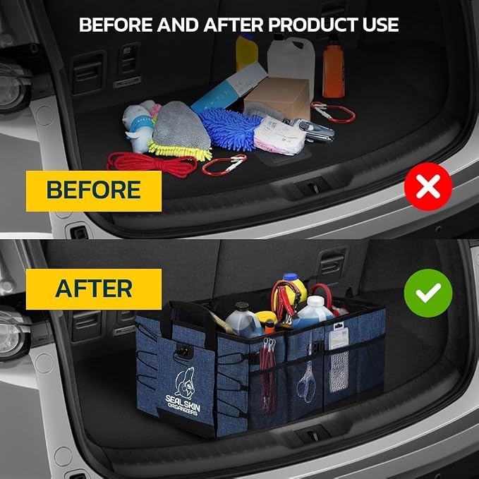 Seal Skin Covers Trunk Organizer for SUV, Car & Truck - Premium Heavy Duty & Collapsible with 3 Adjustable Size - Lightweight & Portable Storage Organizer - Easy to Use & Install in Any Vehicle - Blue