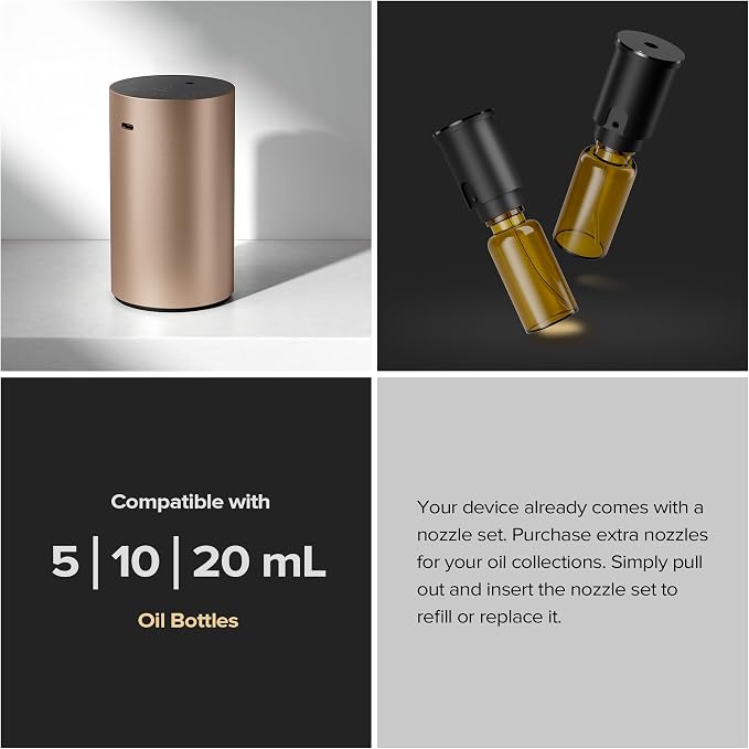 Airversa Waterless Essential Oil Diffuser Starter Kit with 4 x 10mL Hotel Scent Fragrance Oil, Aluminum Housing, Battery Operated Mini Scent Air Portable Diffuser for Home Car Office, ADX Kit Black