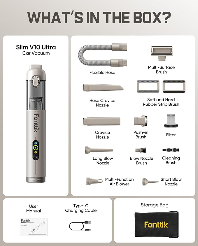 Fanttik Slim V10 Ultra Cordless Car Vacuum, 4-in-1 Portable Mini Vacuum with 19kPa Suction, Freely Combinable Accessories, 2 Suction Modes, Handheld Vac for Car, Small Jobs, Keyboard, Office (Brown)