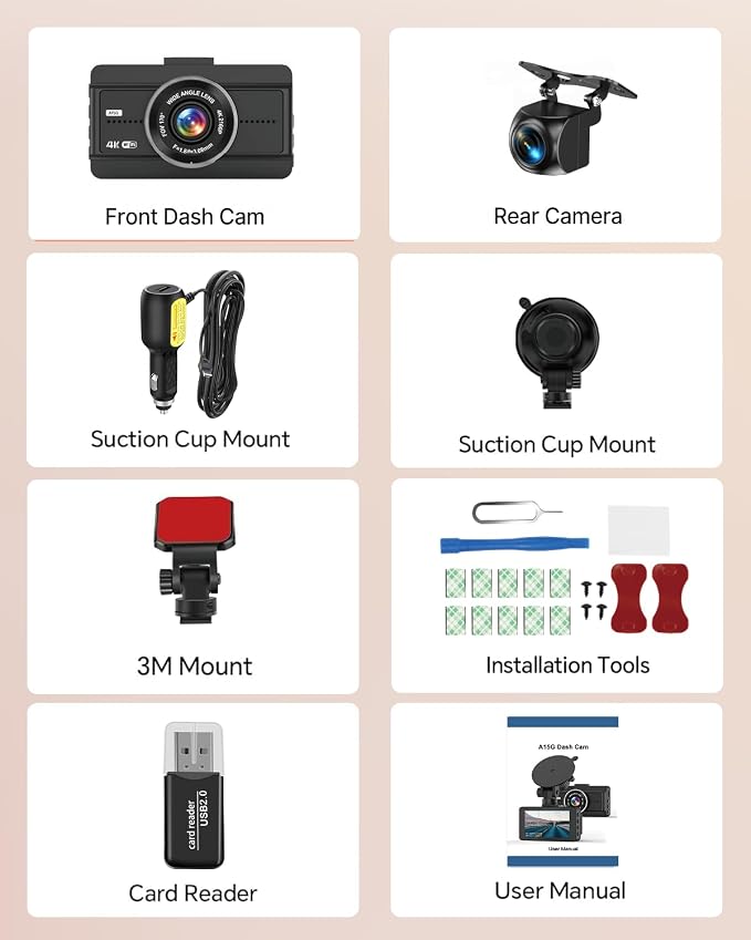 Dash Cam Front and Rear, 4K Full HD Dual Dash Camera for Cars W/ 64GB Card Included, Built-in 5G WiFi, Car Camera Dashcams for Cars with Night Vision, Parking Monitor, WDR, Emergency Lock
