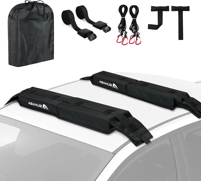 Abahub Soft Roof Rack Pads with 2 Tie Down Straps, 2 Tie Down Ropes, 2 Hood Loops and Storage Bag, for Surfboard, Kayak, Canoe, Heavy Duty Universal Car Roof Racks System Black 32 Inch