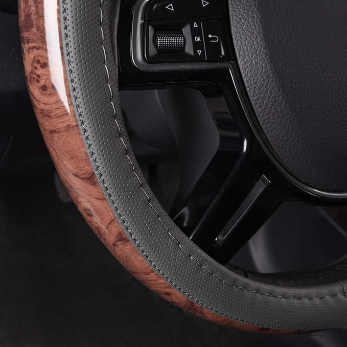 CAR PASS Wood Grain Microfiber Leather Steering Wheel Cover, Universal Fit for 14 1/2-15 inch Gray Steering Wheel, Anti-Slip Veins Design,Cars, Suvs,Minivans, Sedans (Gray)