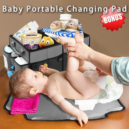 Collapsible Trunk Organizer & Diaper Changing Station, Baby Diaper Caddy Organizer with Movable Dividers, Easy-to-Reach for Back Seat Travel Car Organizer, Waterproof Car Trunk Organizer Groceries