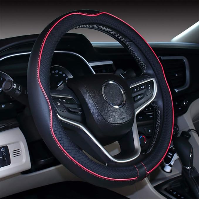 Mayco Bell Small Size Steering Wheel Cover Anti-Slip,Safety,Soft,Breathable,Durable,Full Surround,Comfortable Grip Microfiber Leather (14-14.25 inch,Black Red)