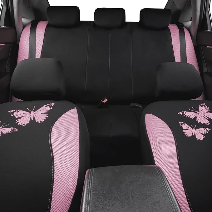 Flying Banner Butterfly car seat Covers ful Set Fashion Universal Lady Woman Female Rear Bench Split Colorized (Pink Black, Full Set)