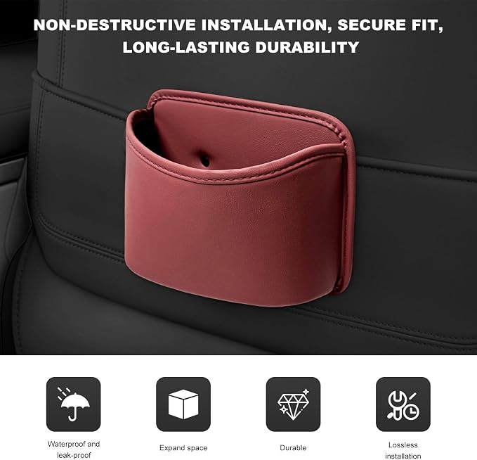 Car Trash Can, Clip On Garbage Organizer Multifunctional Car Door Hanging Container, Waterproof Leather Trash Bin Universal Interior Storage Box for Vehicle Home Office (Wine Red)