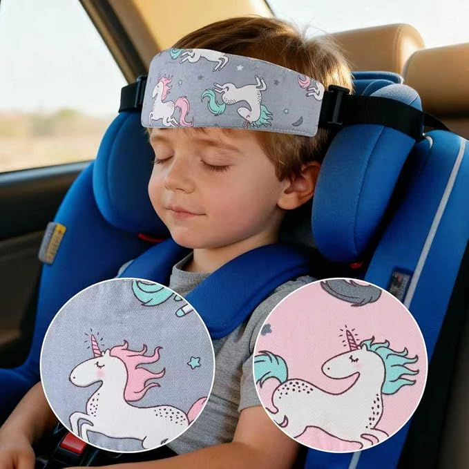 Luckyiren Fantasy Unicorn Baby Car Seat Head Support Strap, Pink & Grey, Cotton, 2 Pack, Adjustable Headrest Band for Stroller, Infant to Toddler
