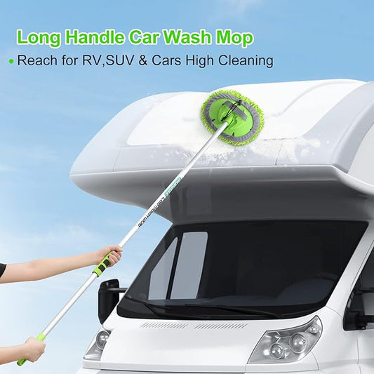 62'' Car Wash Brush with Long Handle Chenille Microfiber Car Wash Mop Mitt Kit Scratch-Free Car Cleaning Brush Care Kits with Replacement Head Supplies for Cars RV Truck Boat