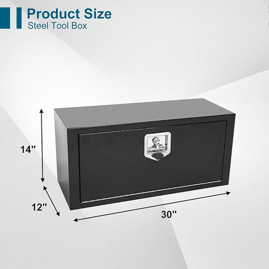 30"X12"X14" Underbody Truck Box Black Heavy Duty Steel Trailer Box Pick Up Truck Tool Box Storage Organizer w/Lock & eys