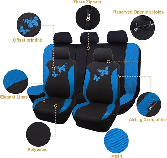 Flying Banner Butterfly car seat Covers ful Set Fashion Universal Lady Woman Female Rear Bench Split Colorized (Full Set, Blue)