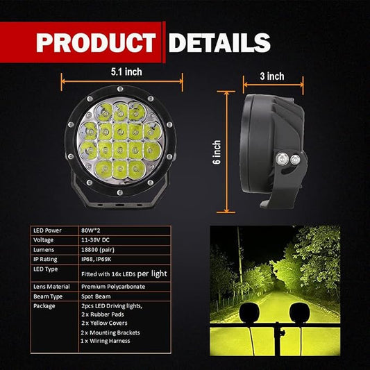 Pair 5 Inch Led Offroad Driving Lights 160w Round Offroad Spot Light Driving Spotlights with Yellow Cover Wiring Harness 12V 24V for Pickup Trucks SUV UTV ATV 4x4