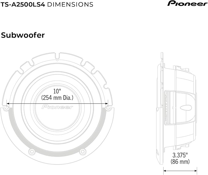 Pioneer A-Series TS-A2500LS4 10” Subwoofer – 1200W Max, Shallow-Mount Design, Deep Bass in Tight Spaces