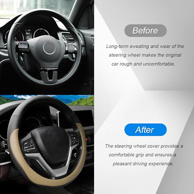Car Steering Wheel Cover, 14.5"-15" Leather Anti-Slip Sporty Vehicle Steering Wheel Protector, Soft Breathable Auto Interior Decoration Accessories, Universal for SUV Truck Sedan (Beige)