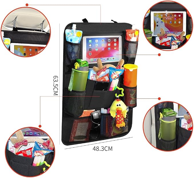 Backseat Car Organizer, 2 Pack Kick Mats Back Seat Protector with Touch Screen Tablet Holder, 9 Storage Pockets for Travel Accessories & Toys, Waterproof & Easy-Clean Black Protector