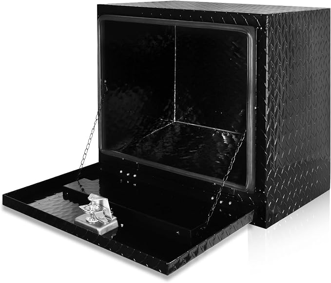 FORWODE 18x17x18 Inch Underbody Truck Tool Box Aluminum Trailer Tool Box with Lock & Foldable T-Handle Waterproof Truck Storage Box for Pickup Truck, Trailer, RV, ATV, Indoor(BLACK)