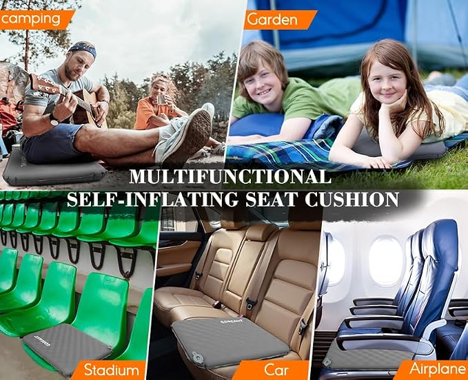Inflatable Seat Cushion, Self-Inflating Memory Foam Stadium Seats Cushion Portable Camping Air-Foam Sitting Pad for Travel Airplane Car Bleachers Backpacking Office, Lightweight & Compact