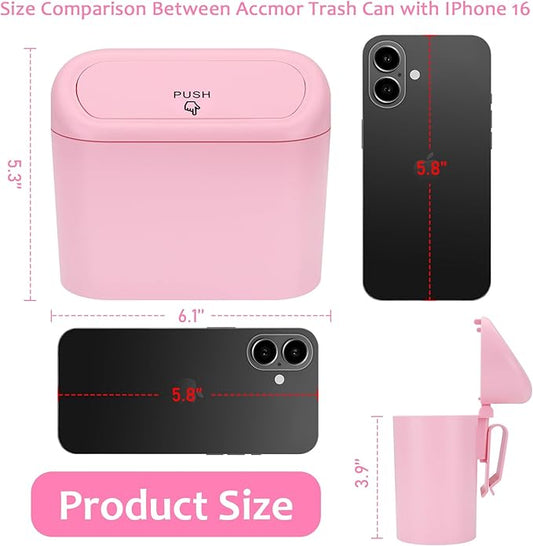 Accmor Car Trash Can with Lid, Vehicle Trash Bin Car Dustbin Garbage Organizer Holder with One Roll Trash Bag, Portable Hanging Mini Leakproof Cars Storage Bag Container for Auto, SUV, Office (Pink)