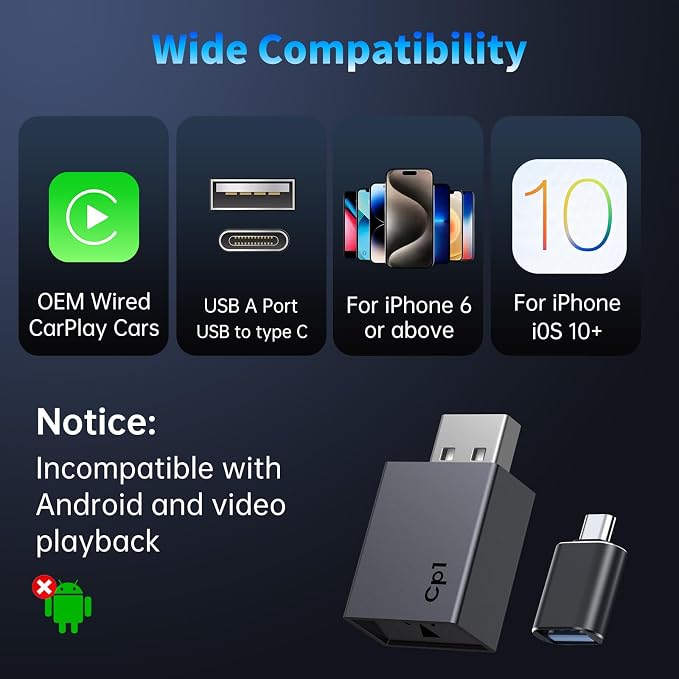 Wireless CarPlay Adapter for iPhone 2026 Upgrade - Plug & Play Convert Wired to Wireless Compatible with Cars 2016+, iOS 10+ (USB A/USB-C)