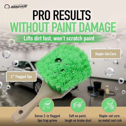 Nanoskin Pro-Grade 8.5" Car Detailing Brush - Durable Green Polystyrene Flagged Bristles, Acid Resistant, Gentle Surface Cleaning, Auto Wash, Tire & Wheel Scrub, Professional Automotive Detailer Tool