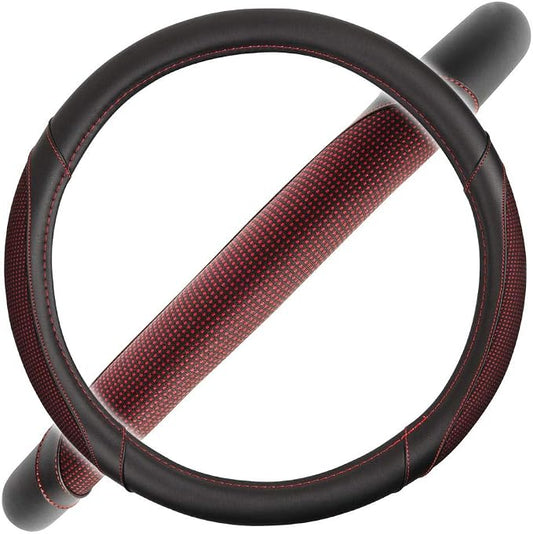 Motor Trend Wine Steering Wheel Cover - Dotted Comfort Polyester Grip on Stitched Synthetic Leather, Wine Stitching/Black