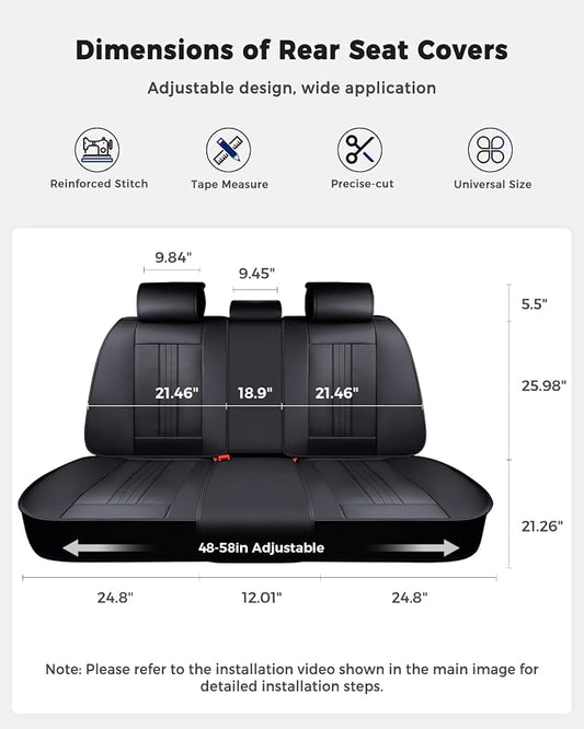 Huidasource Back Seat Cover, Luxury Faux Leather Rear Seat Cover, Velcro Adjustable, Compatible with Child Seat, Perforation Cooling&Heating, Universal Fit for Most Cars, Vans, Trucks, SUVs, Black