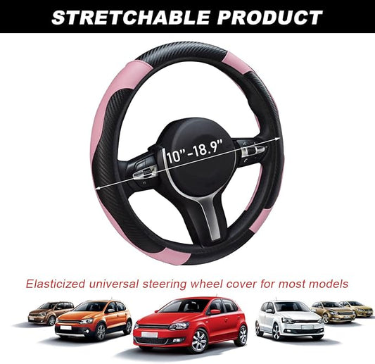 DXNQ Car Steering Wheel Cover, 15 Inch Carbon Fiber Leather Stitching Color Steering Wheel Protector, Anti-Slip Elastic Breathable Steering Wheel Cover Stylish Decor for Most Cars (Black&Pink)
