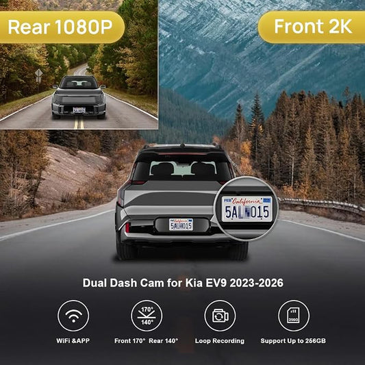 Fitcamx 2K Dual Dash Cam Suitable for Kia EV9 2023-2026 Wind Land GT-Line (Part No#DO000), OEM Style, Front 1440P+Rear 1080P Video, Loop Recording, Built-in WiFi&APP, G-Sensor, Easy to Set, 64GB Card